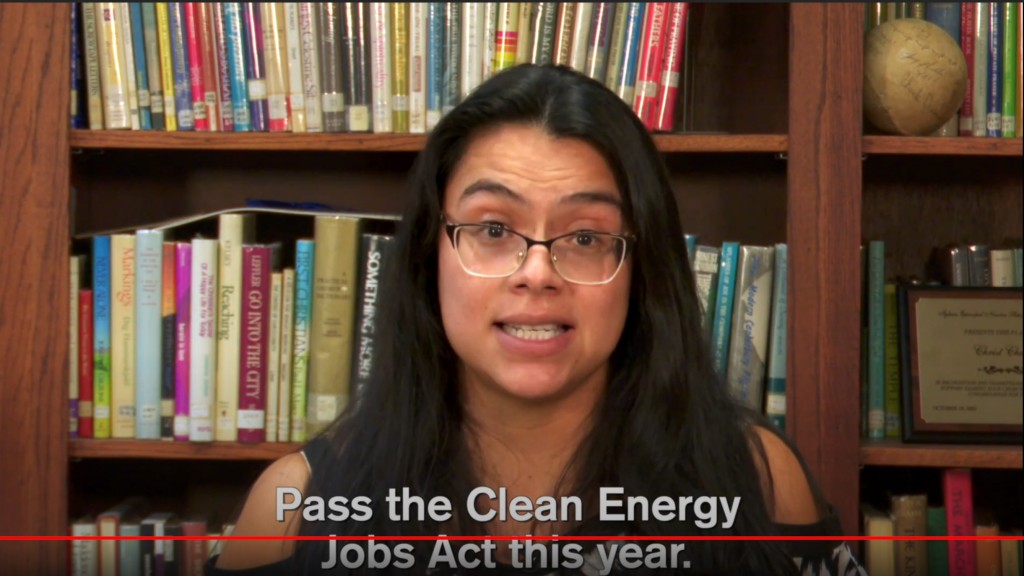 Clean Power Lake County activists urge Illinois lawmakers to pass the Clean Energy Jobs Act in 2020. 